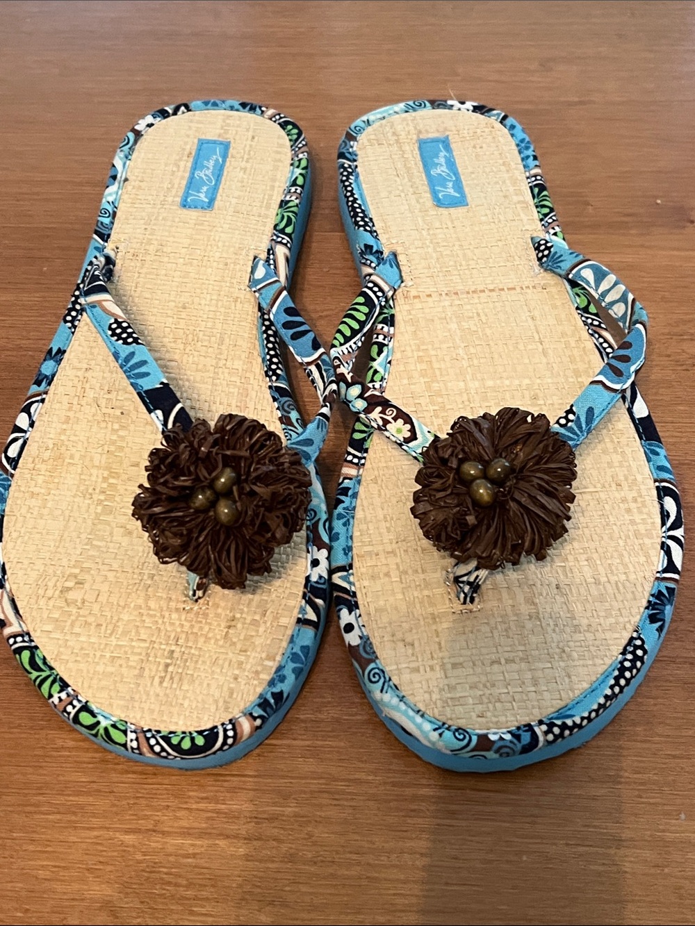Vera Bradley Java Blue & Brown Floral Patterned Flip Flops size Large